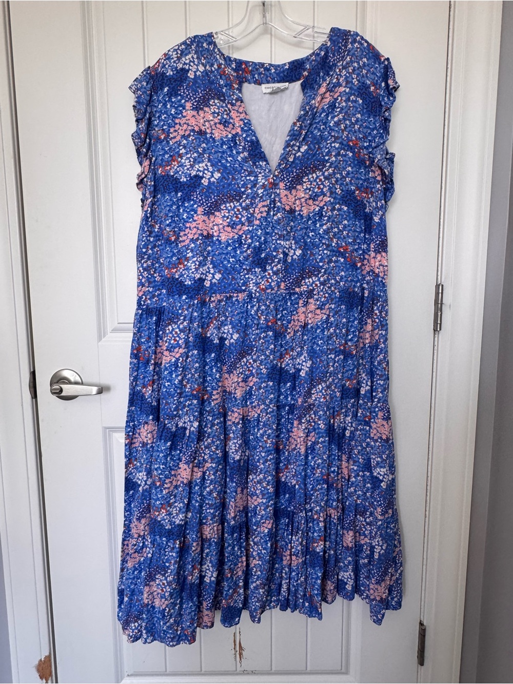 Chic Soul 2X Blue Floral Tiered Midi Dress Ruffle Sleeve Plus Size